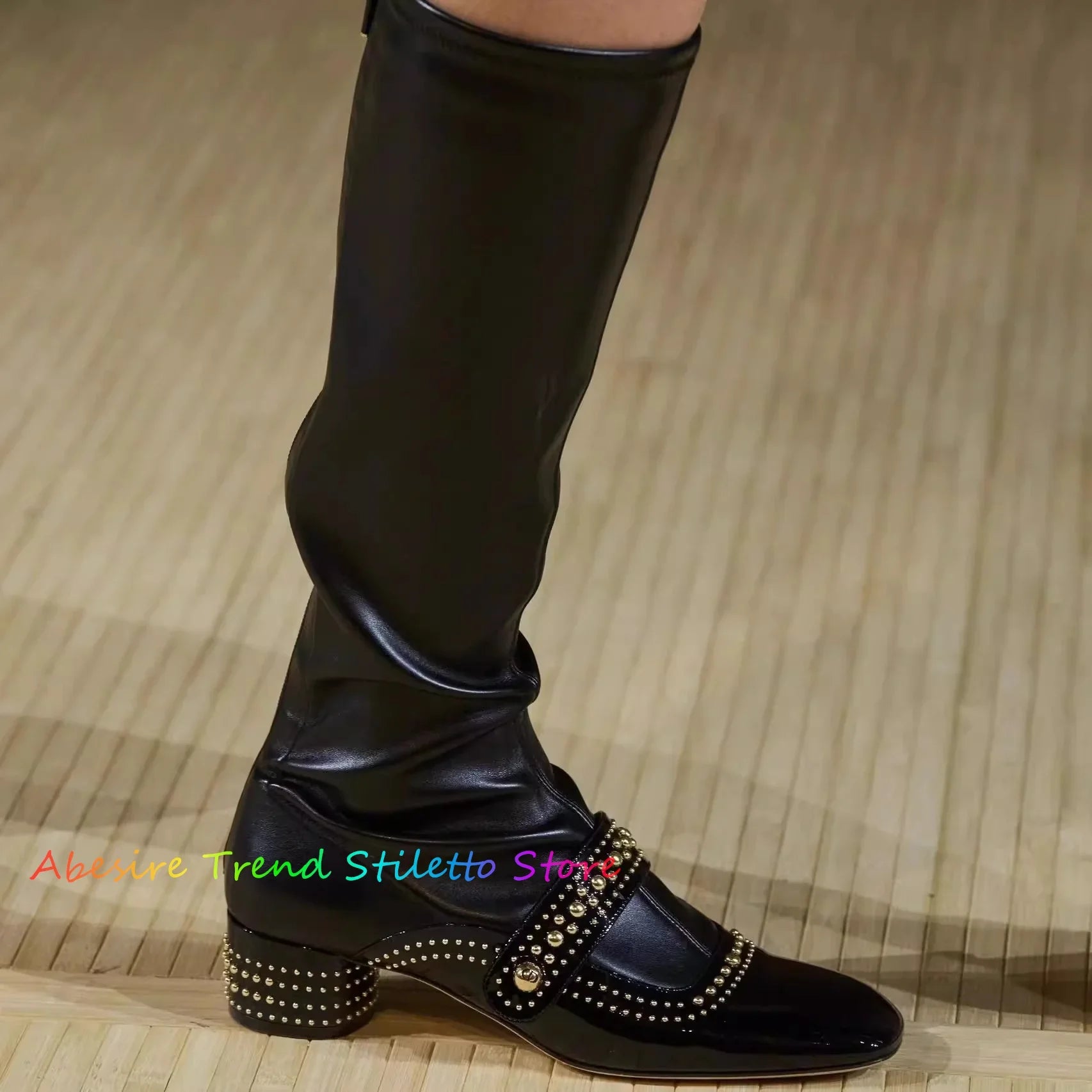 White Retro Studded Knee High Boots for Women New High Tube Thick Heels Back Zipper Elastic Slim Boots Black Knight Boots