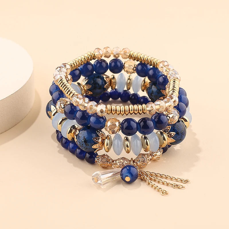 4Pcs Bohemian Women Pink Tassel Bracelet Set For Female I Love You Feather Round Charm Beads Chain Bangle Fashion Party Jewelry BR133-13