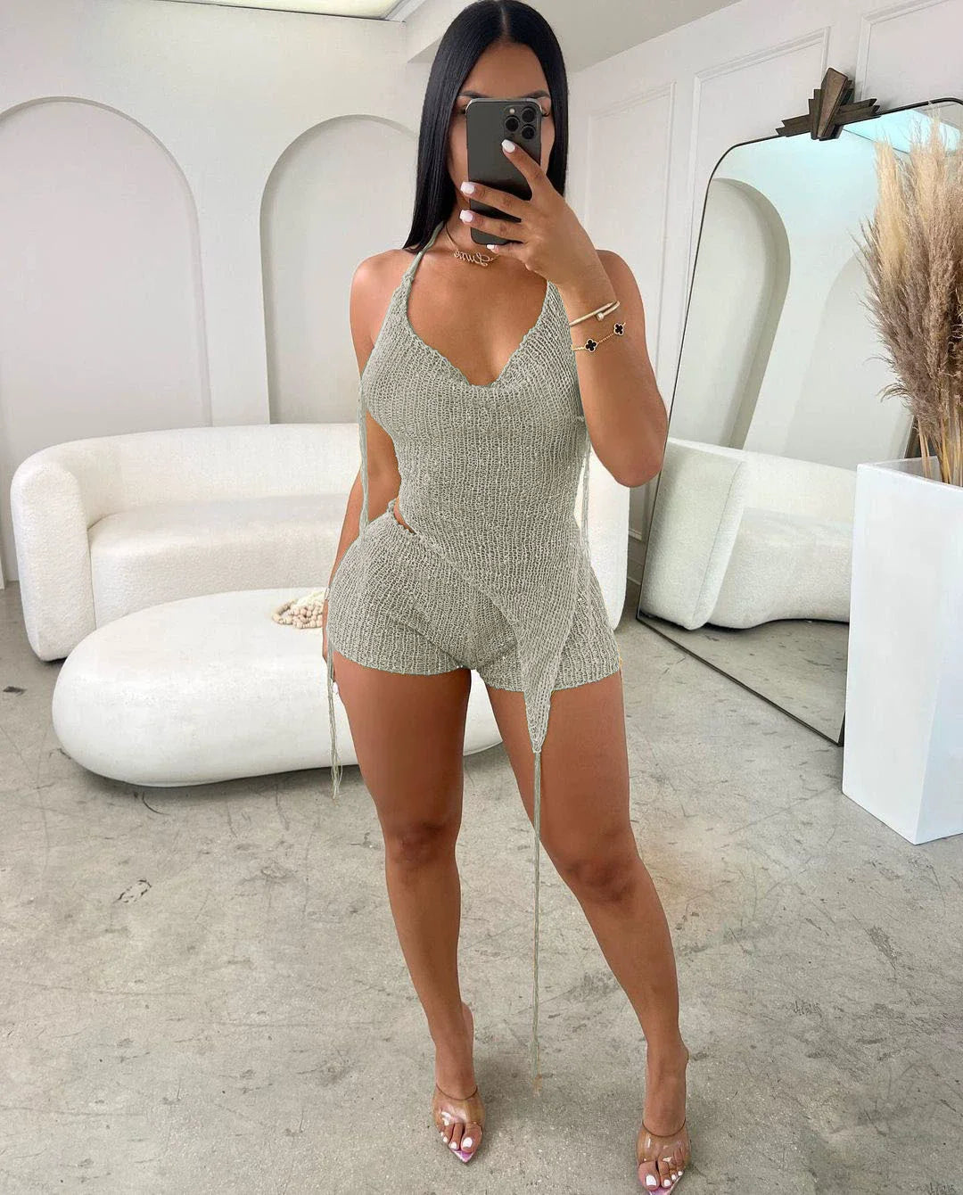 CM.YAYA Knit Ribbed Women's Set Halter Neck Backless Crop Top with Hat Shorts Suit 2023 Summer Two 2 Piece Set Outfit Tracksuit