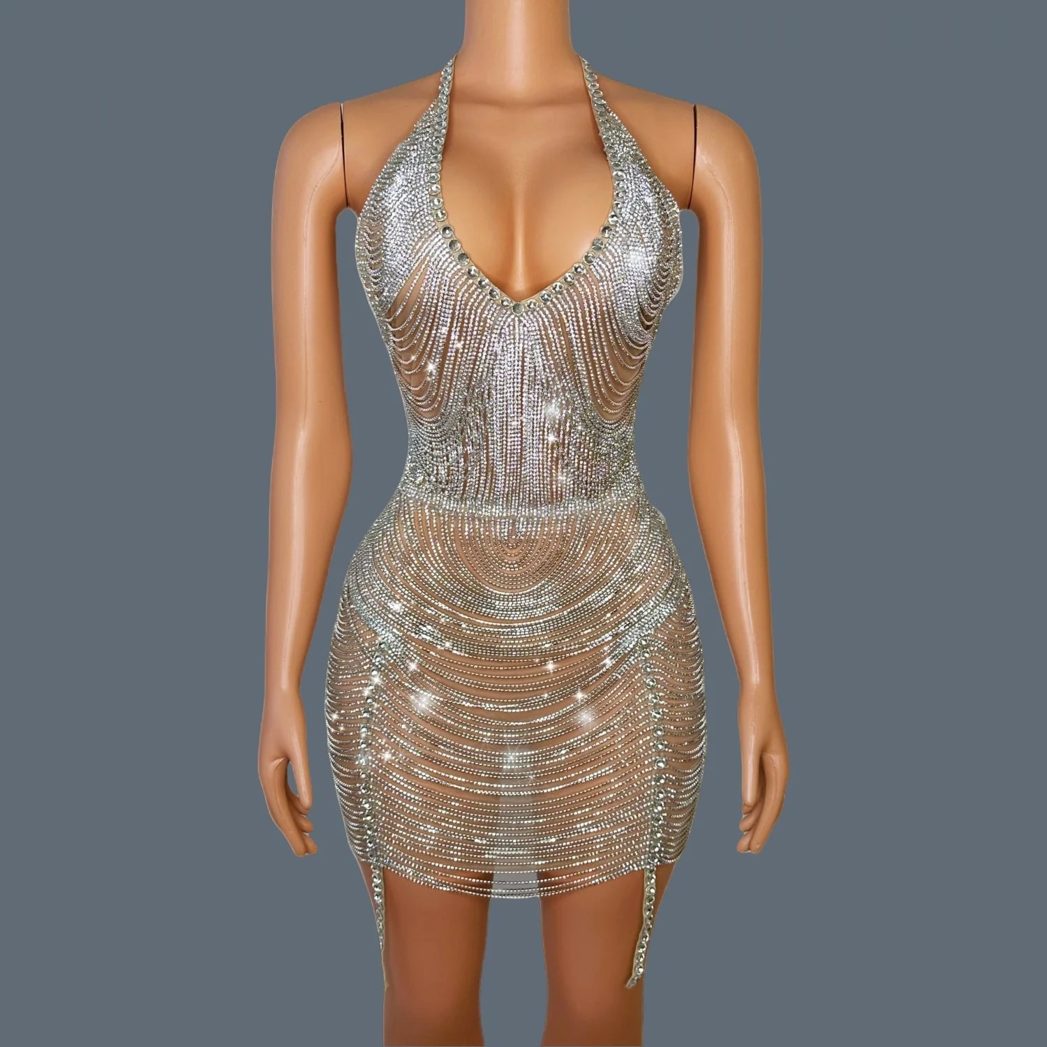 Sparkly Crystal Fringes Prom Dress Sexy Mesh Velvet Party Nightclub Birthday Outfit Performance Dance Costume Stage Wear Yuanpan