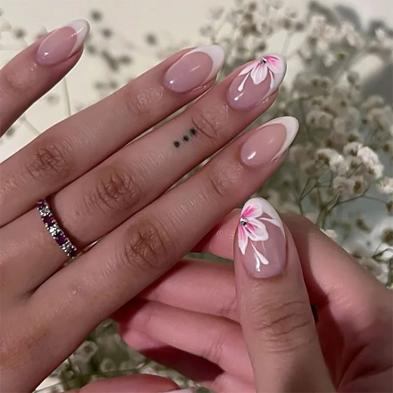 24Pcs Short Round Head Fake Nails Press on Colorful Flower with Design Full Cover Nails Tips Art Wearable Artificial False Nails