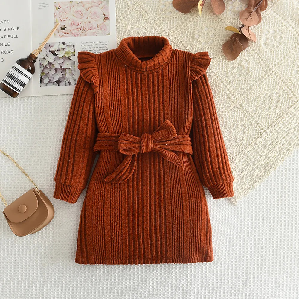 Girls' Woolen Dress New Children's Autumn Winter New High Neck Flying Sleeve Lace up Knitted Long Sleeve Dress AM1708R