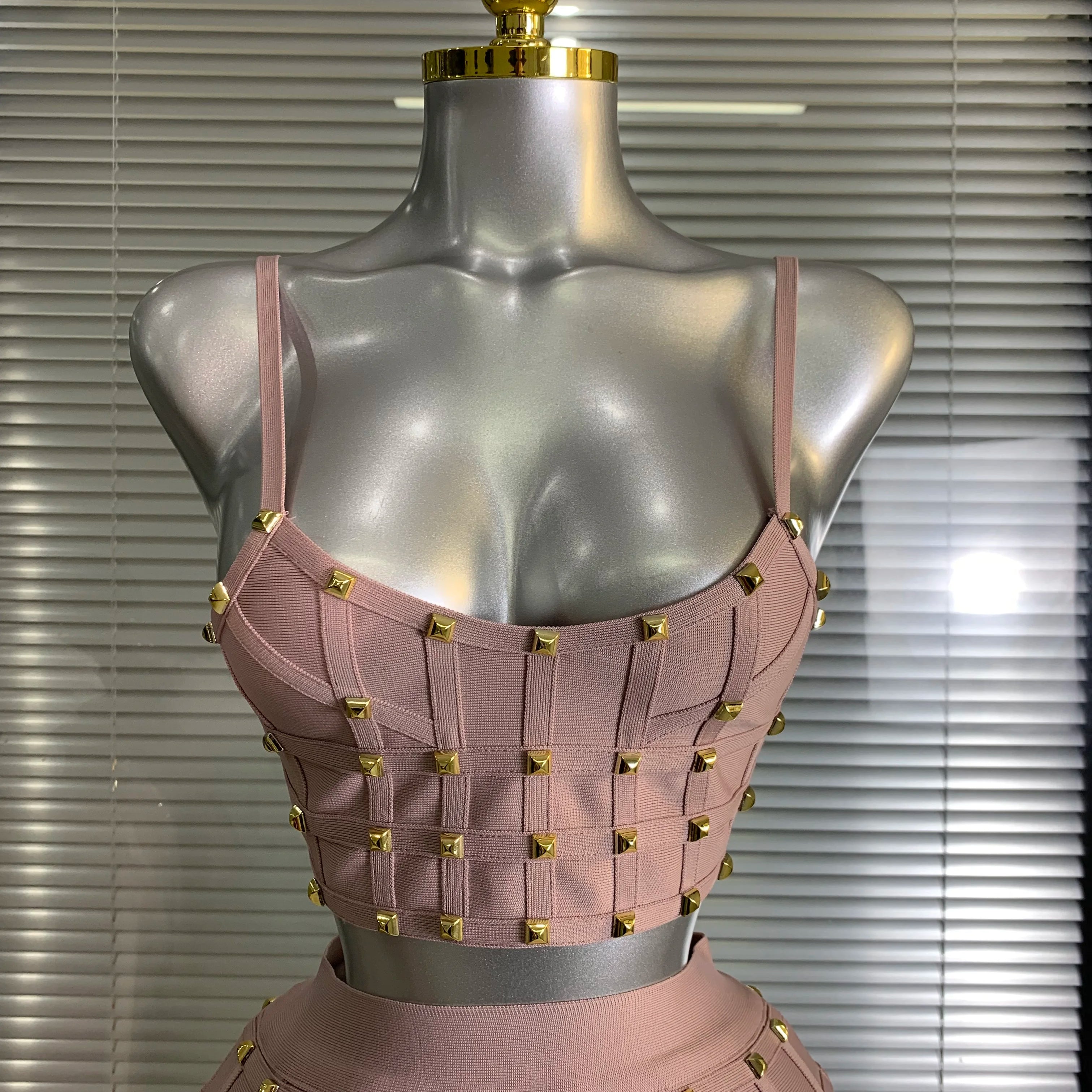 Summer New 2025 Women Sexy Pink Rivet Bandage Two Piece Set Celebrity Evening Party Skirt Suits