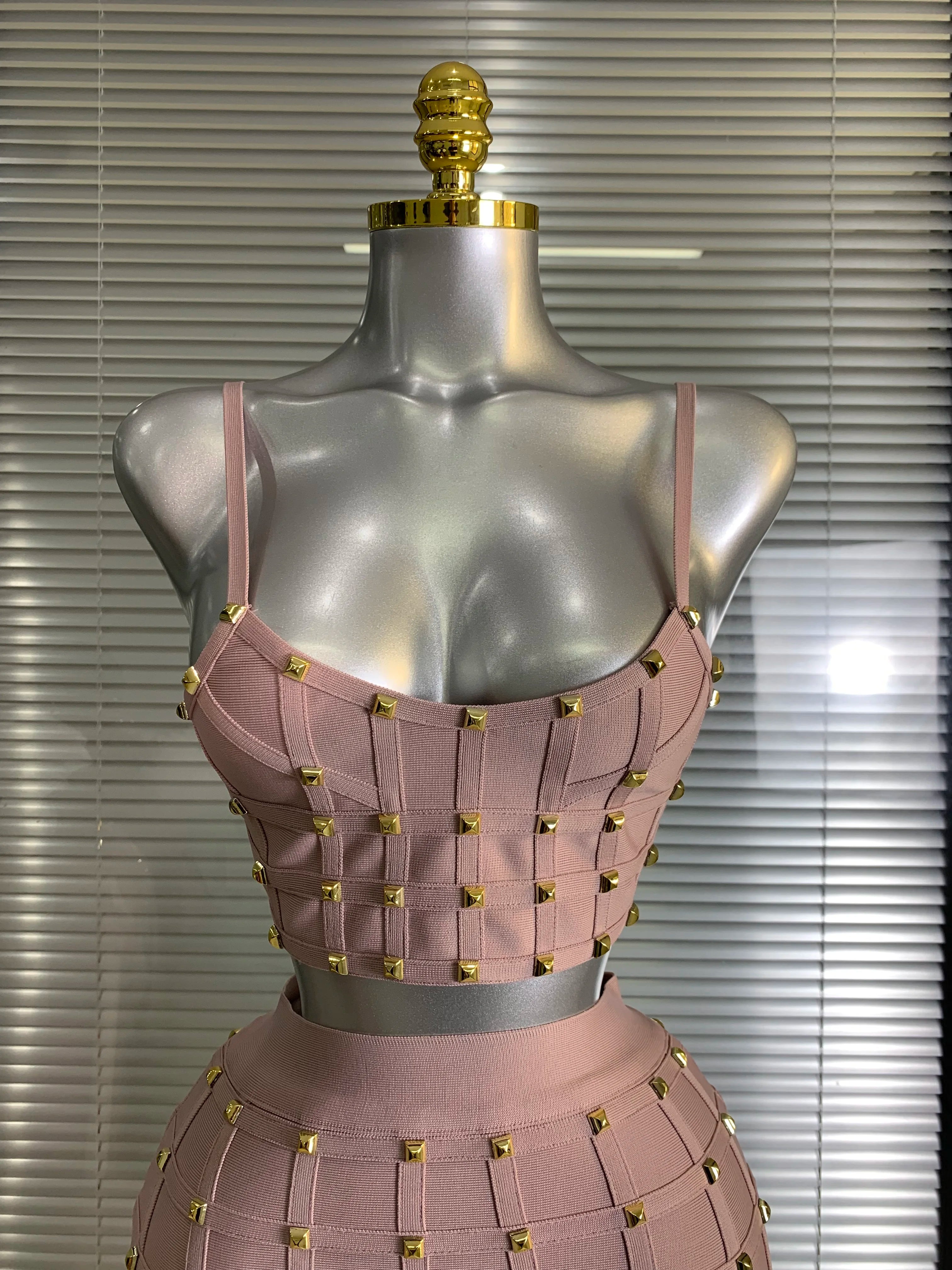 Summer New 2025 Women Sexy Pink Rivet Bandage Two Piece Set Celebrity Evening Party Skirt Suits