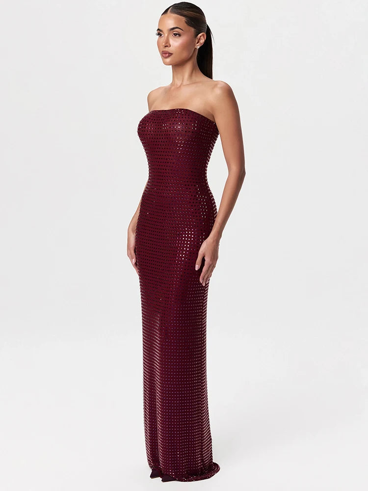 VC Redwine Beaded Strapless Long Maxi Dress For Women Elegant Sleeveless Backless Sparkle Crystals Bodycon Cocktail Evening Gown