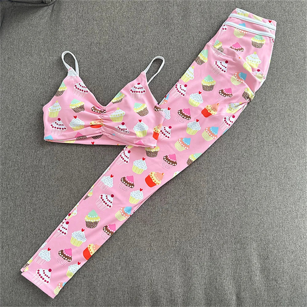 Nylon Women Yoga Set 2PCS Gym Scrunch Workout Pant Female Push Up Bra High Waist Leggings Fitness Sport Wear Active Suits icecream