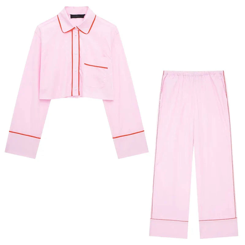 TRAFZA Woman New Fashion Suits Pink Turn-Down Collar Long Sleeves Single Breasted Short Shirts+Mid Waist Lace-Up Wide Leg Pants pink suit