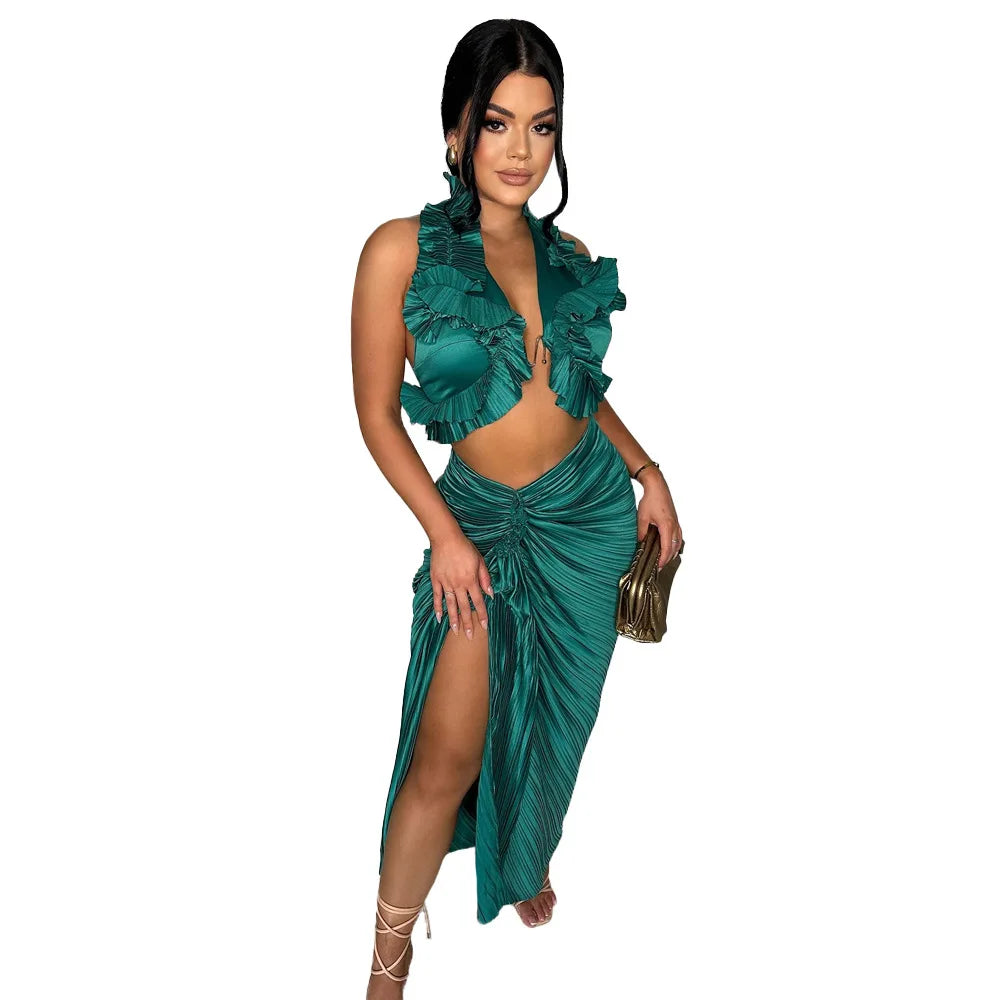 CM.YAYA Women's Set Sleeveless V-neck Ruffles Crop Top and Ruched Split Skirts Suit 2024 Summer Street Two 2 Piece Sets Outfit