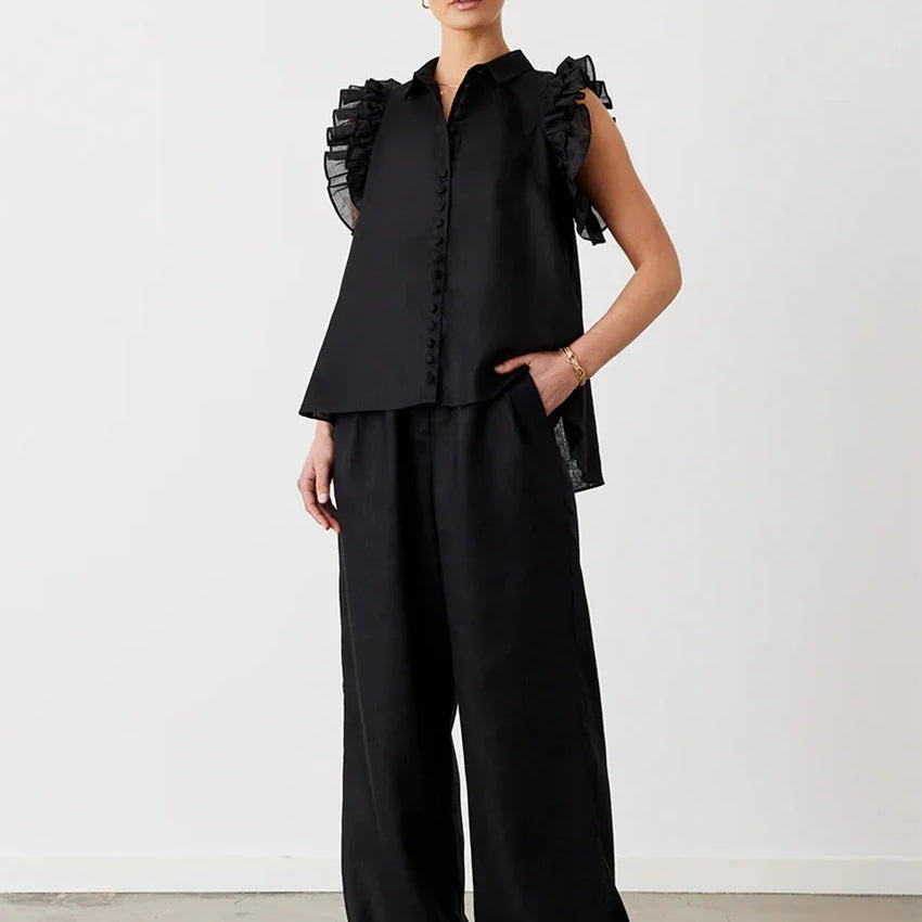 Clacive Fashion Loose Beige Cotton 2 Piece Sets Women Outfit Elegant Sleeveless Tank Top With High Waist Wide Pants Set