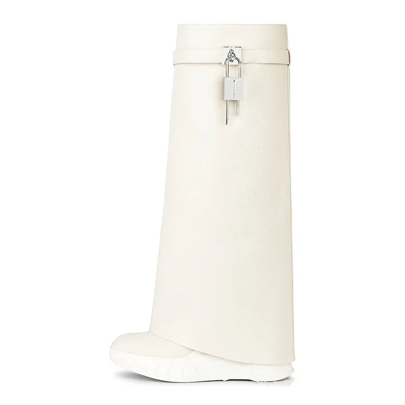 Leather Metal Padlock Woman Knee Length Boots Black Pink Slope Heel Autumn Winter Skirt Boots Size 35-43 Women Shoes 8062White cowhide