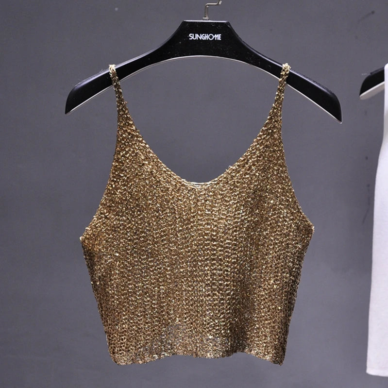 Sparkling Sequins Half Waist Render Knitwear Hollow-out Is Sexy Waist Condole Top Cropped Sexy Streetwear Woman Tops Summer Khaki gold One Size