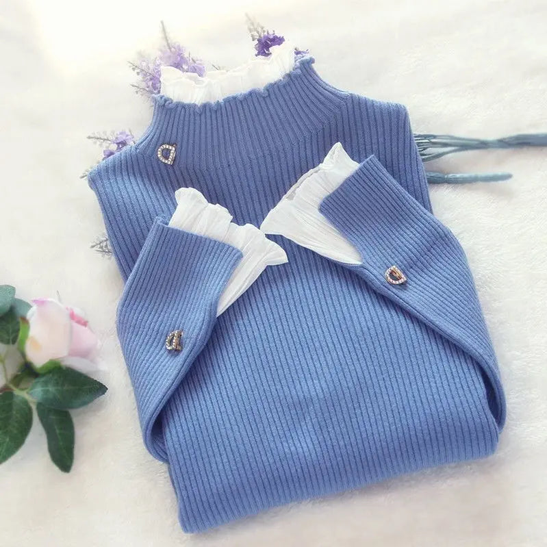 Deeptown Korean Style Turtleneck Women Elegant Pink Sweater Slim Basic Pullover Jumper Warm Purple Pullover Female Top Winter Blue