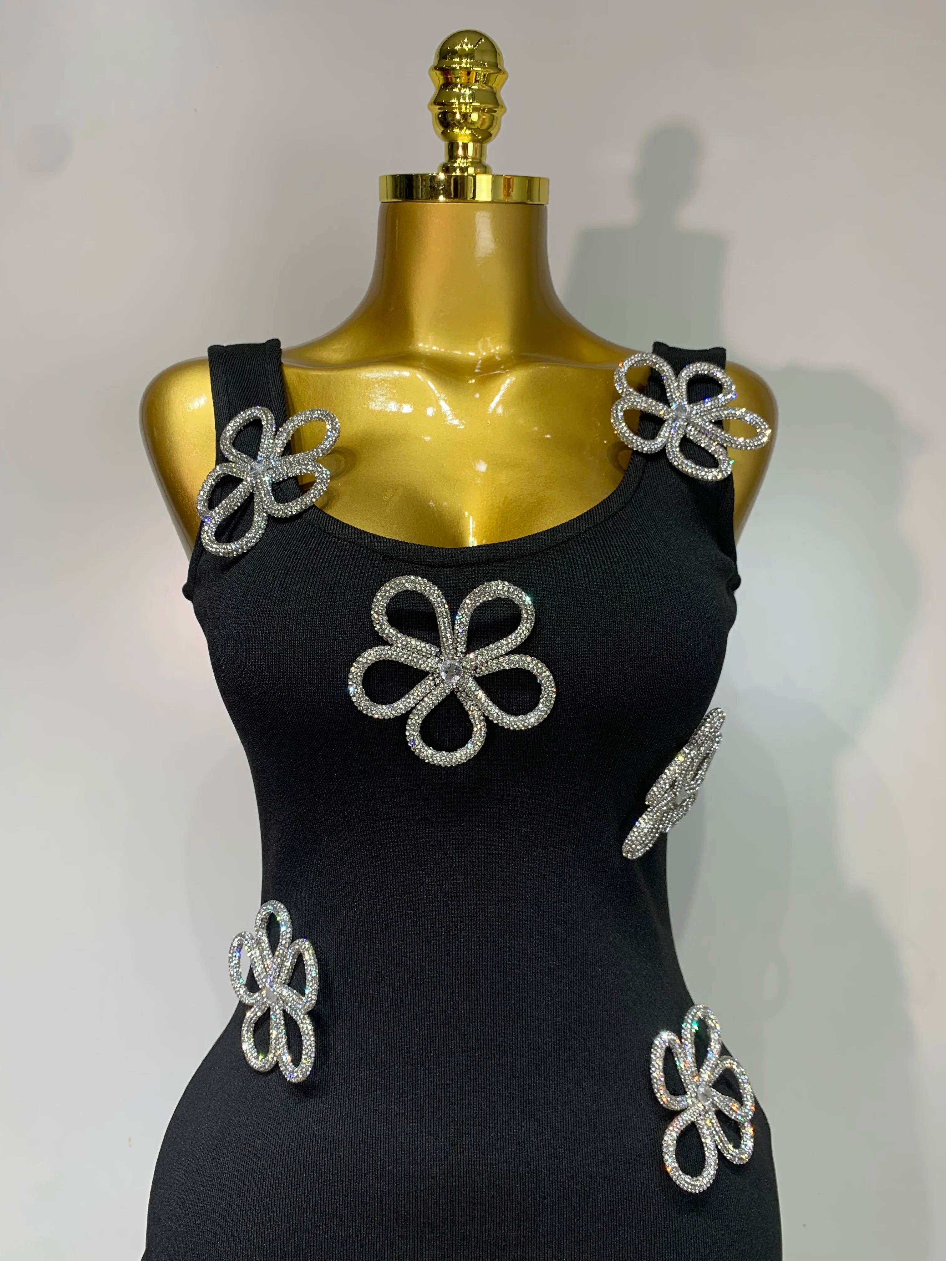 Women Celebrity Sexy Diamonds Flower Black Long Bodycon Bandage Dress 2025 Elegant Evening Club Party Luxury Birthday Dresses