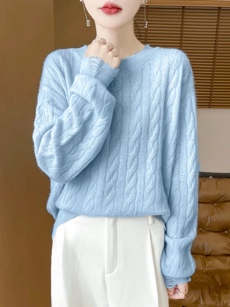 Women Cable Knit Sweater 100% Merino Wool Knitwear O-neck Preppy Style Long Sleeve Pullover Autumn Winter Cashmere Sweater Tops Blue