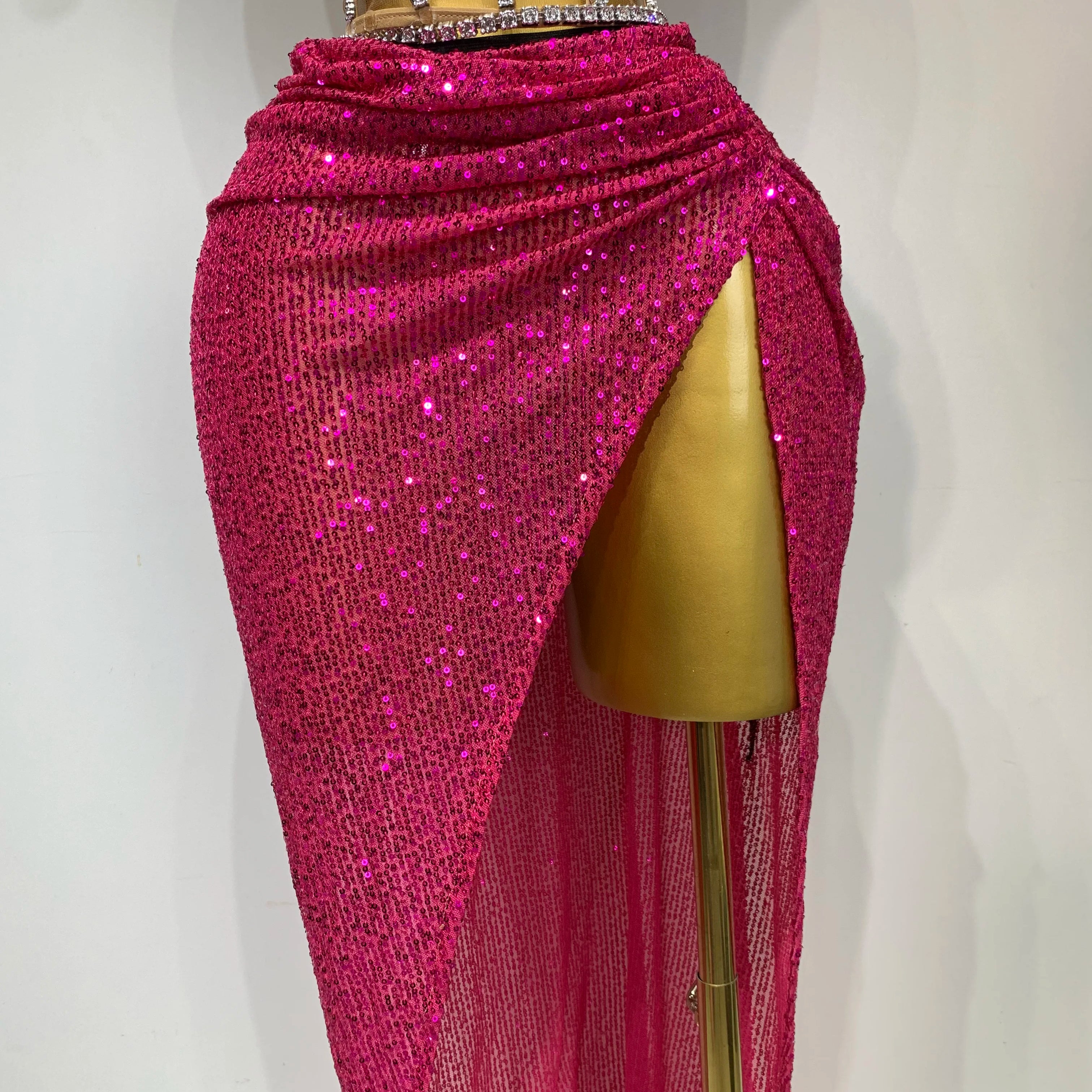 Women Sparkly Rhinestones Sequins Sexy Mesh Two Piece Set Evening Birthday Party Dress Nightclub Stage Performance Costumes