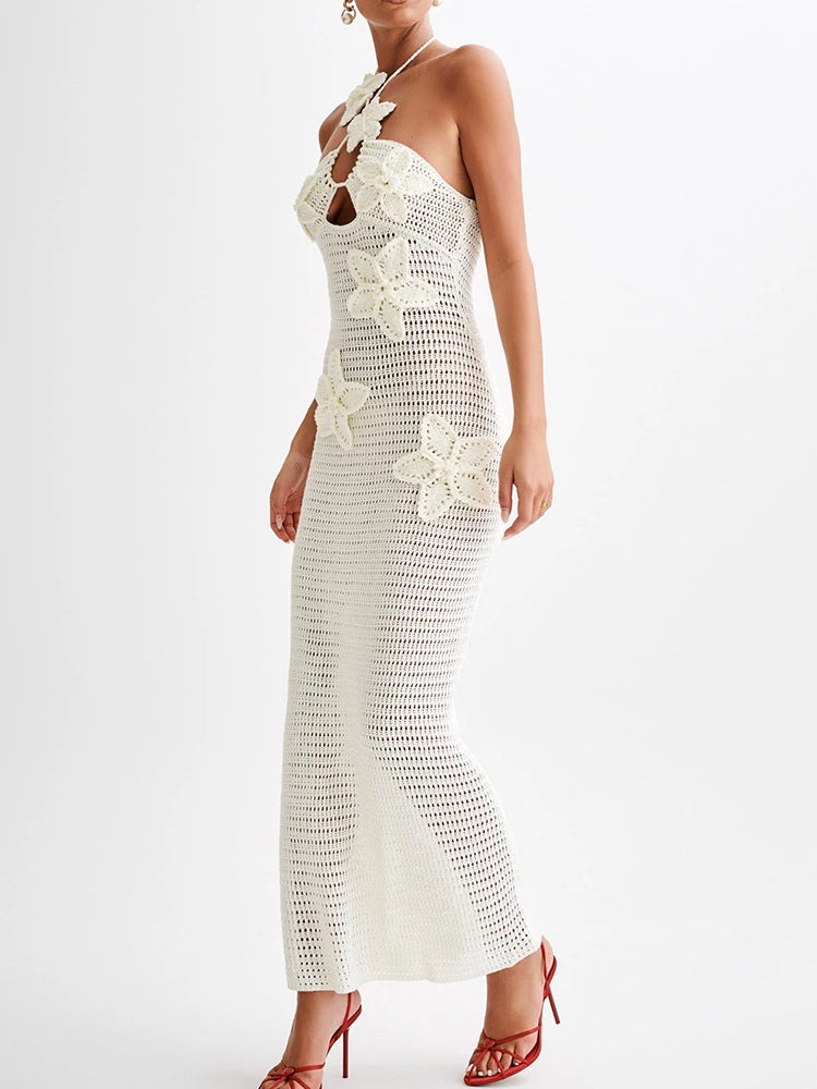 TWOTWINSTYLE Patchwork Appliques Knitted Dress For Women Halter Sleeveless High Waist Slimming Dresses Female Fashion Clothes