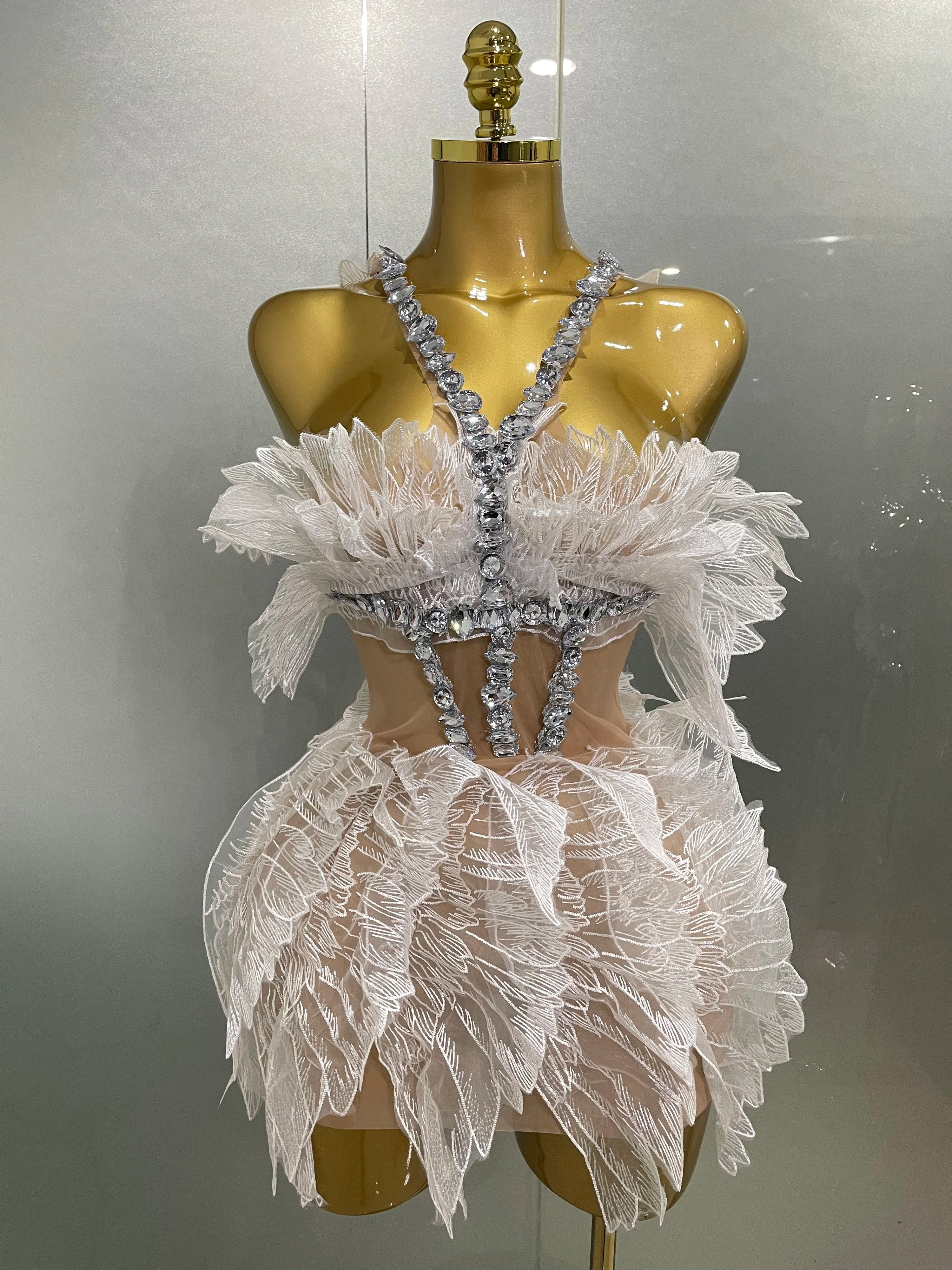 Sexy Shining Gold Crystal Transparent Wings Mini Dress 2025 Women Birthday Party Bar Nightclub Singer Stage Performance Costume