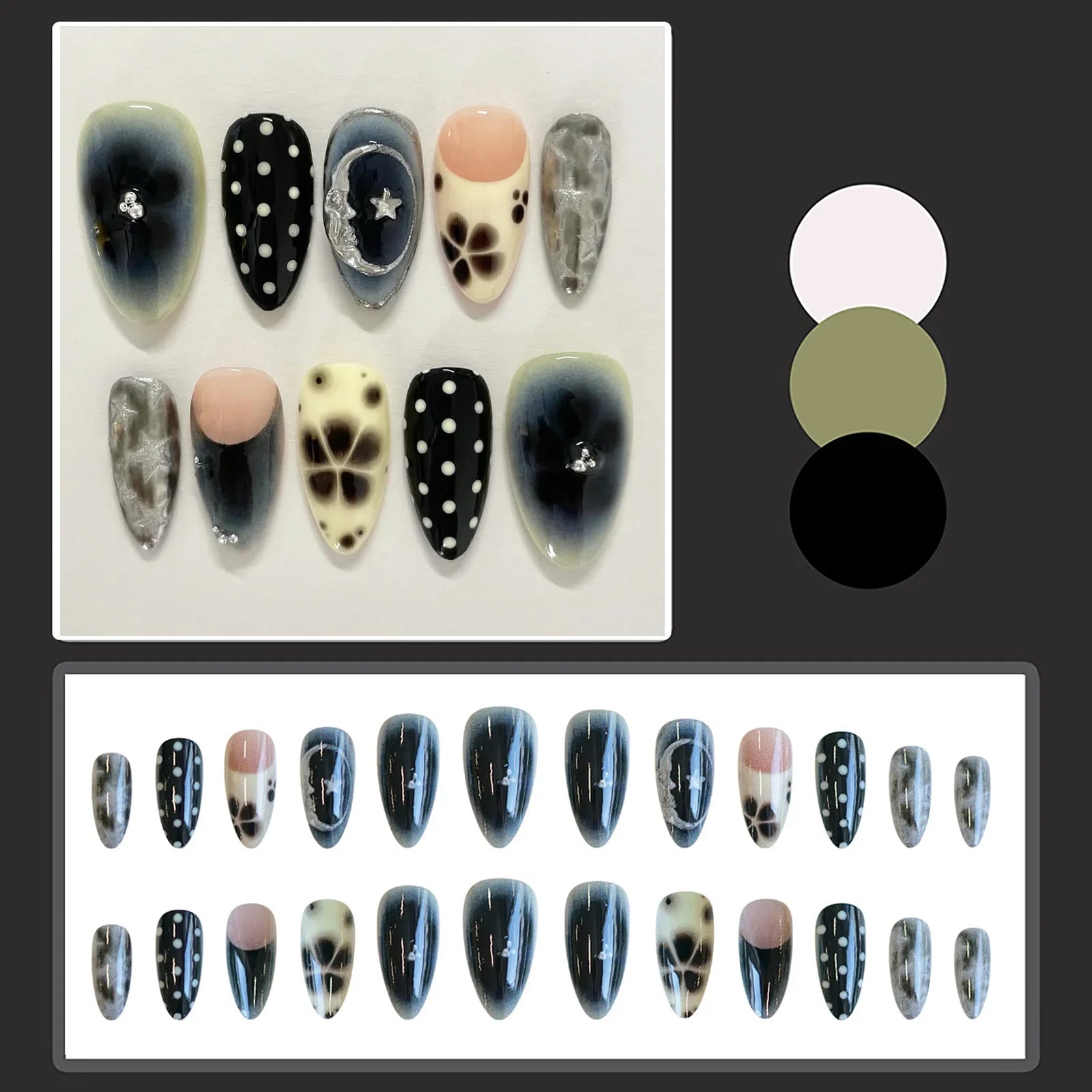 Gradient Black Almond False Nails White Dot Printed 24Pcs French Press On Nails Flower/Star Decor Stick-on Fake Nails Art