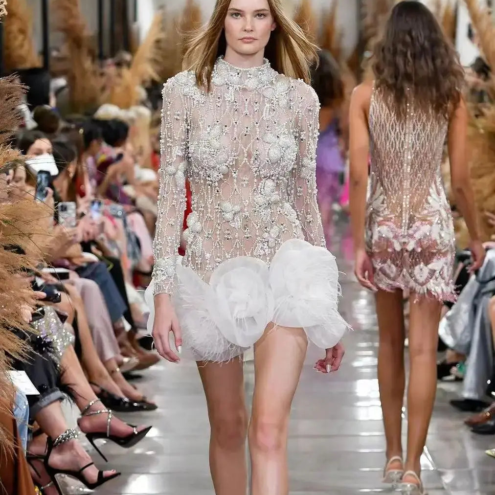 Luxury Exquisite Beading White Flowers Sexy See Through Mini Evening Dress Woman Birthday Party Dress Performances Costume