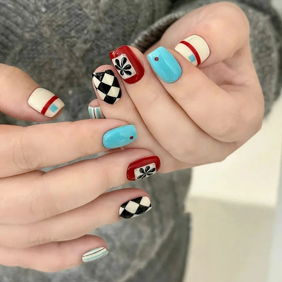 24pcs Almond Press on Nails Color Block Checkerboard Diamond Pattern Fake Nail for Women&Girl Removable Wearable Nail Sticker