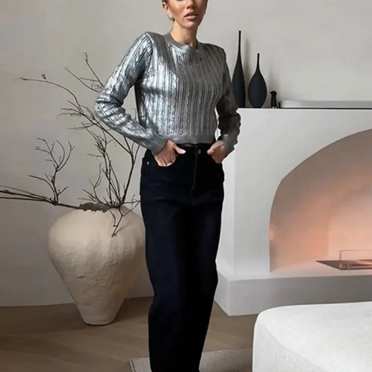 Women Solid O Neck Pullover Top Elegant Loose Long Sleeve Gold Sweatshirt Autumn Female Fashion Casual Shinny Outerwear Silver 2