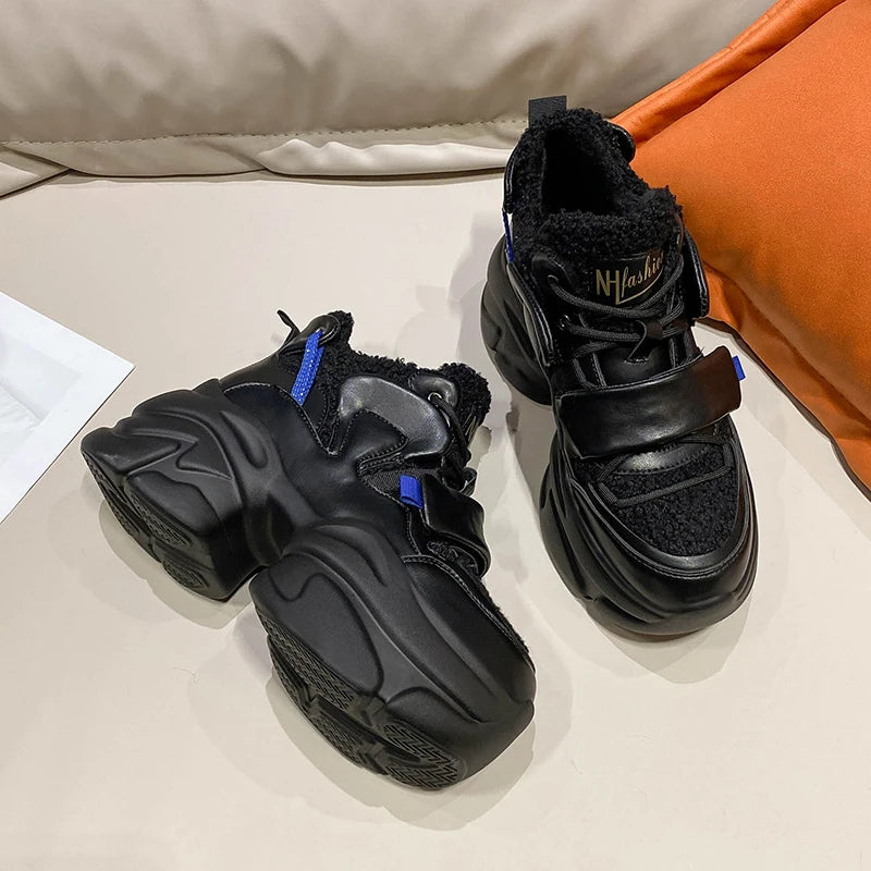 Winter Women Platform Warm Sneakers Leather Casual Trainers Chunky Shoes 8CM Heels Autumn Wedges Height Increasing Sports Shoes