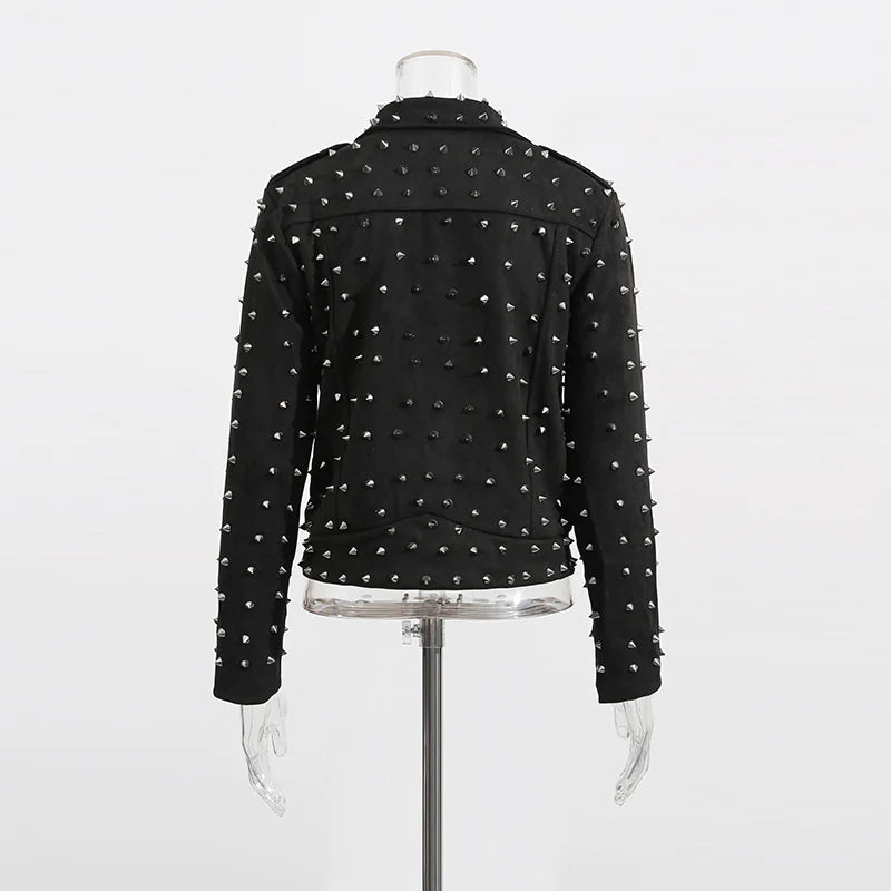 TWOTWINSTYLE Solid Spliced Zippers Casual Jackets for Women Lapel Lomg Sleeves Patchwork Rivets Luxurious Jacket Femlae Fashion