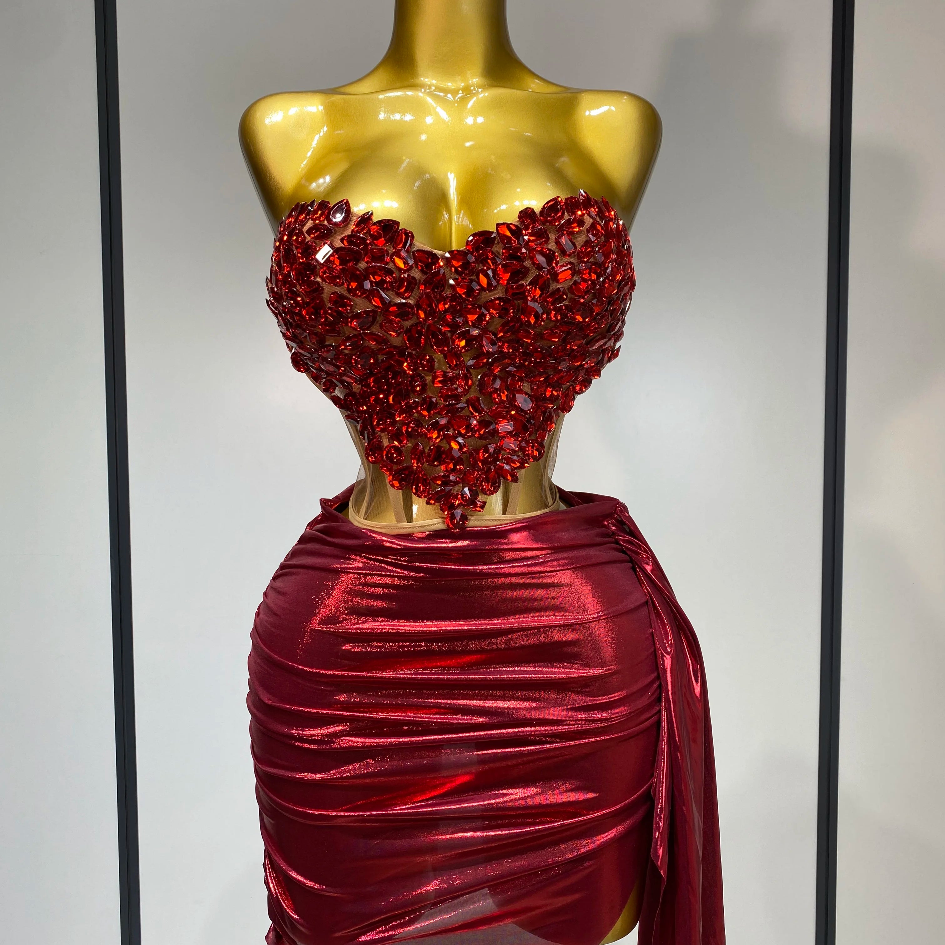 Sparkly Red Diamond Sexy Top Two Pieces Set Women Celebrate Party Luxury Birthday Nightclub Performance Dancer Stage Outfit