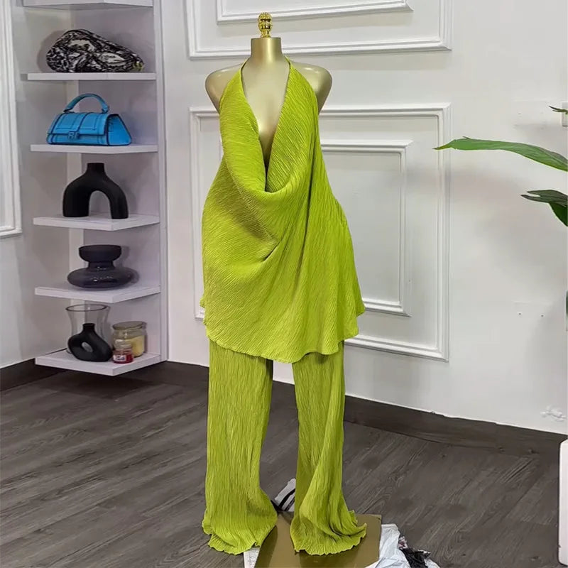 CM.YAYA Fashion Women's Set Deep V-neck Halter Top and Wide Leg Pants Suits 2025 Street Party Two 2 Piece Sets Outfits Tracksuit