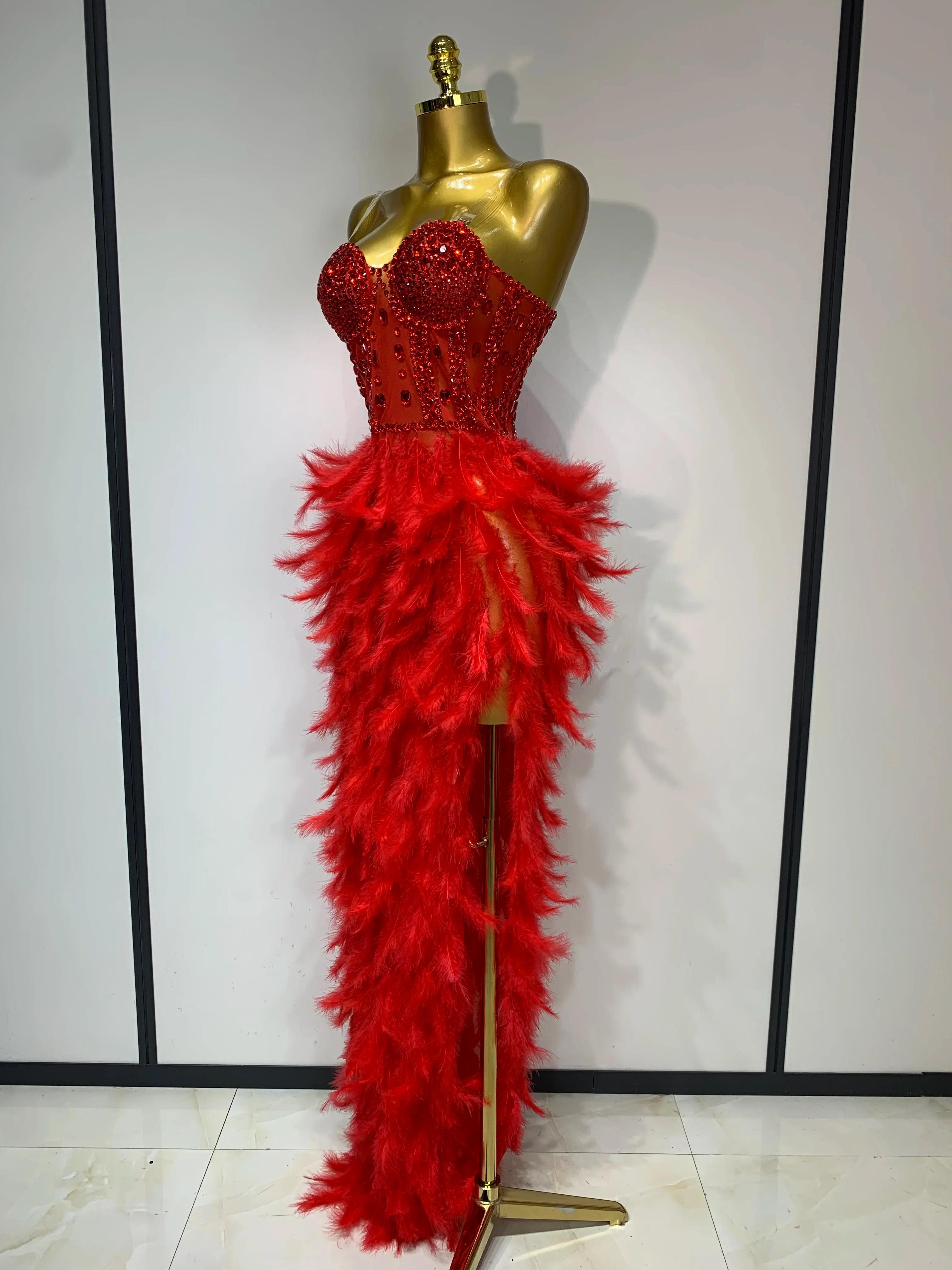 Sparkly Rhinestone Feather Mesh Long Dress Women Sexy Elegant Evening Party Luxury Birthday Photo Shoot Performance Costume