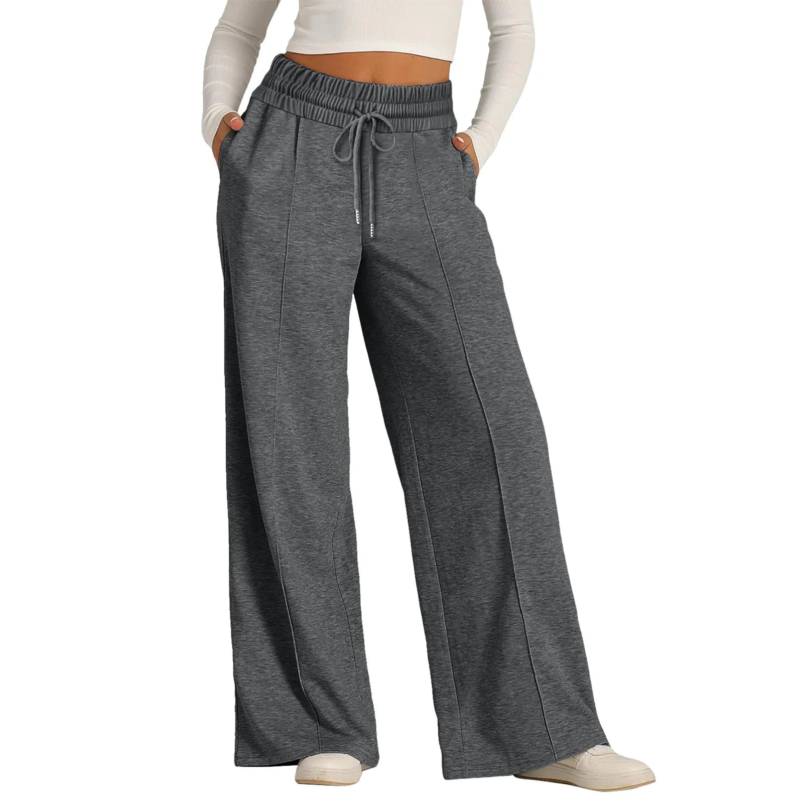 Women Oversized Wide Leg Pants Lightweight Sweatpants Elastic Drawstring Straight Leg Trousers High Waist Baggy Casual Pants Dark Gray CN