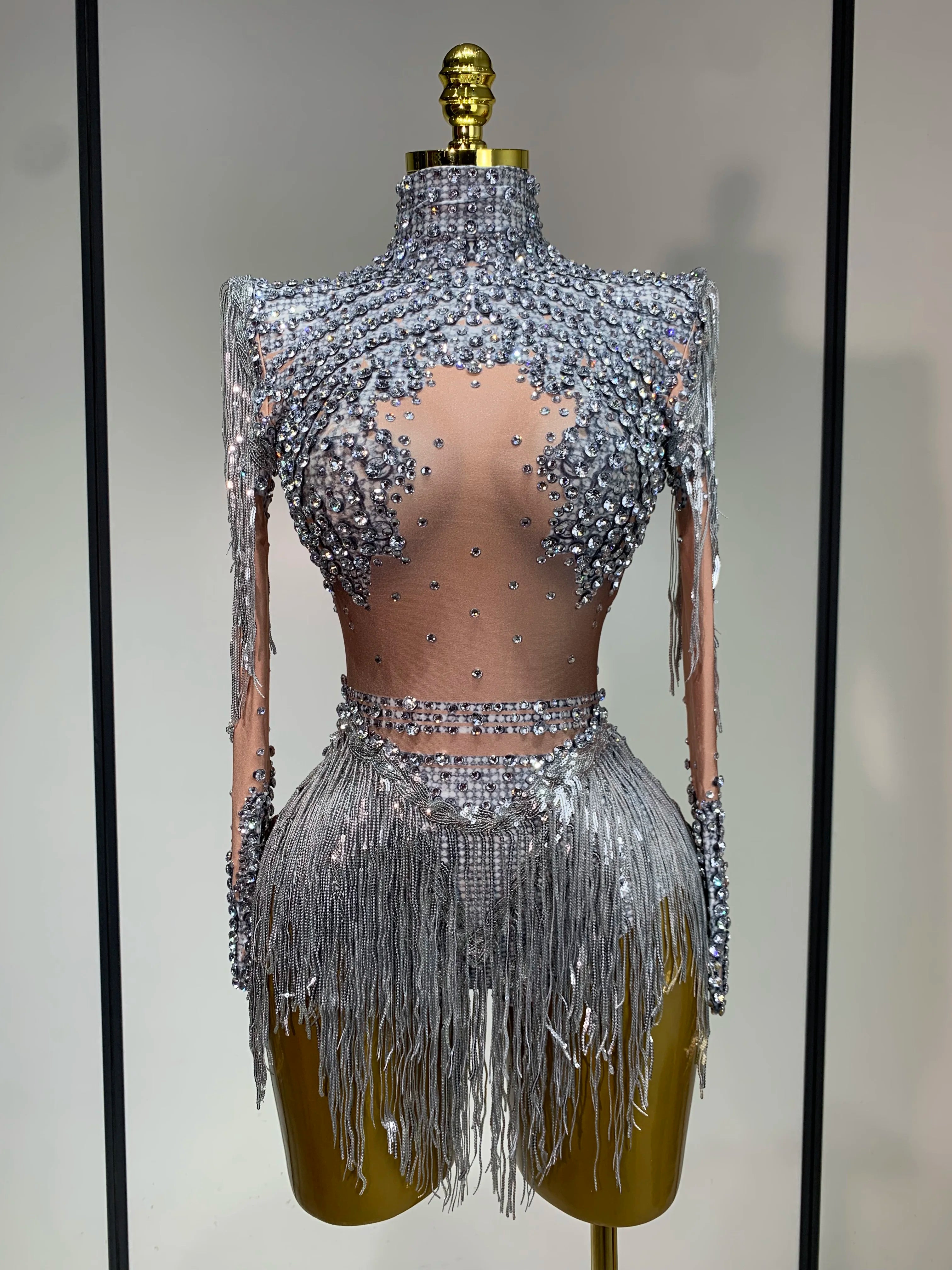 Women Sexy Elasticity Performance Dance Nightclub Rompers Singer Stage Outfit Sparkly Rhinestone Tassels Bodysuit Birthday Wear