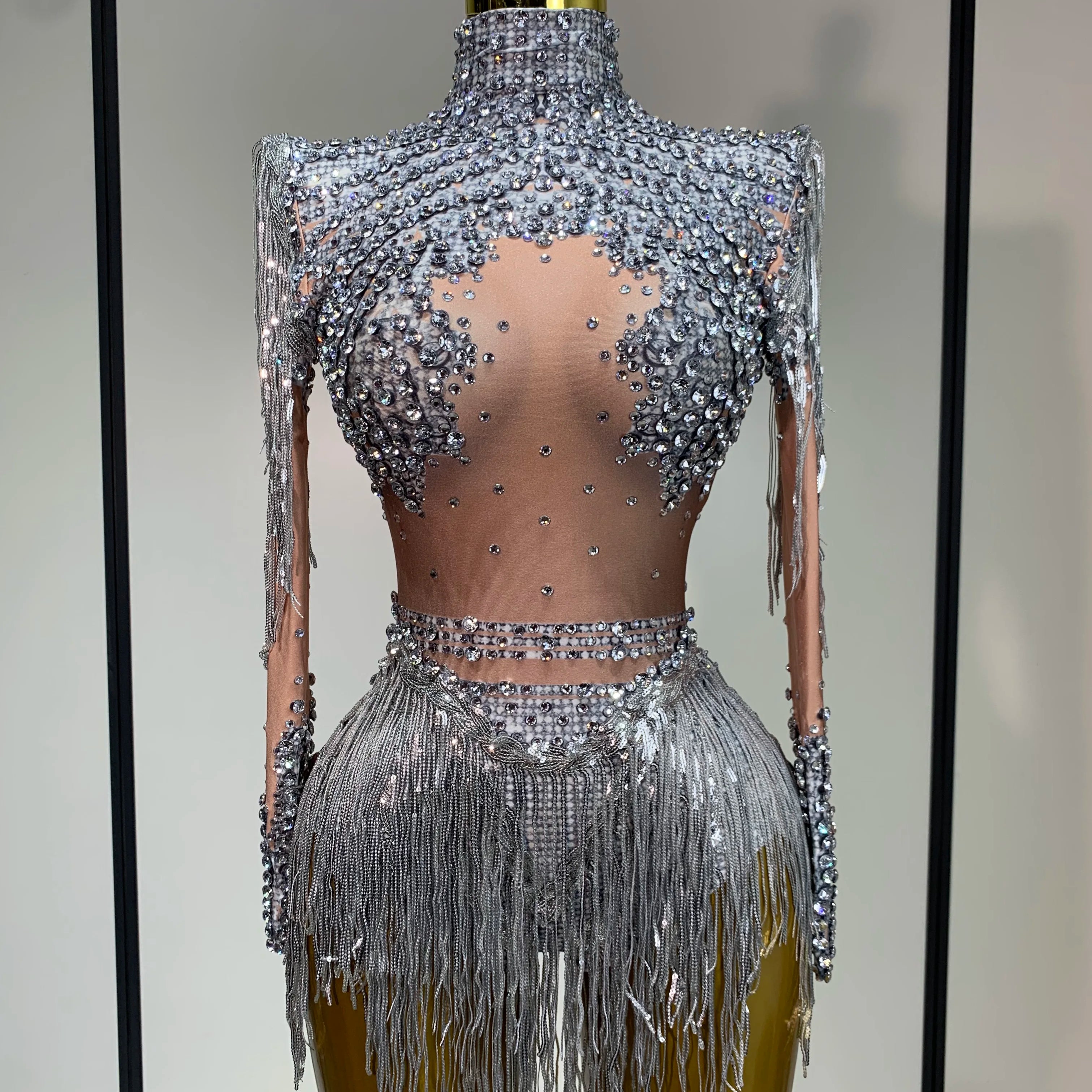 Women Long Sleeve Sexy Shinning Tassels Rhinestone Bodycon Bodysuit High Stretch Bar Dancer Nightclub Stage Wear Birthday Outfit