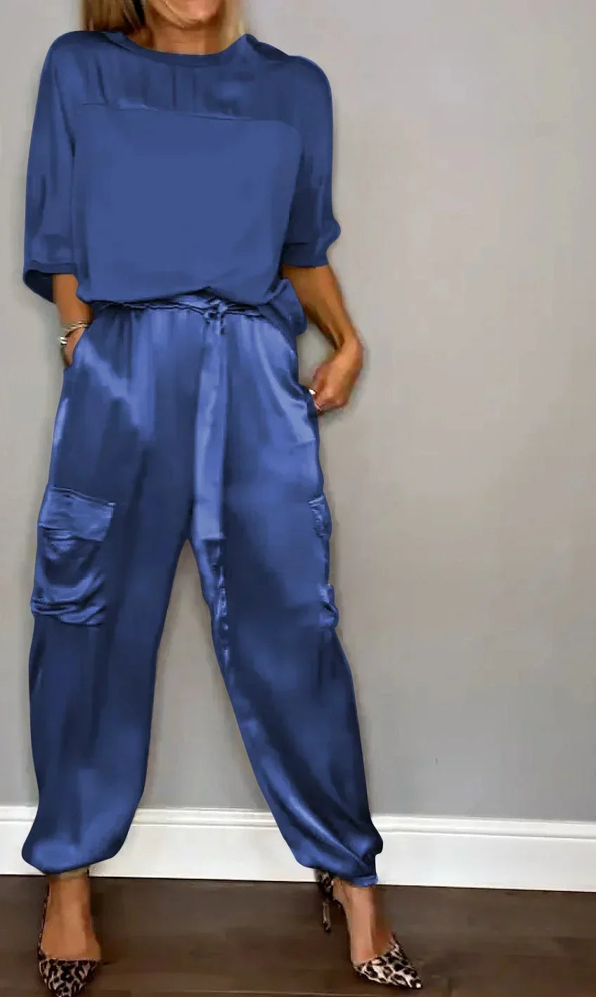 Summer Fashion Solid Satin Two Piece Set Women Round Neck Long Sleeved Top Long Pants Casual Loose Two Piece Set Women Blue