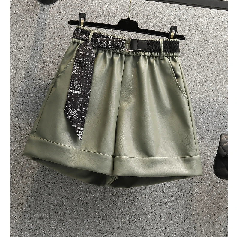 Plus Size Y2K PU Shorts For Women Loose Casual Elastic Waist Leather Mini Shorts Pant Female Large 3XL 4XL Clothing Free Ship green