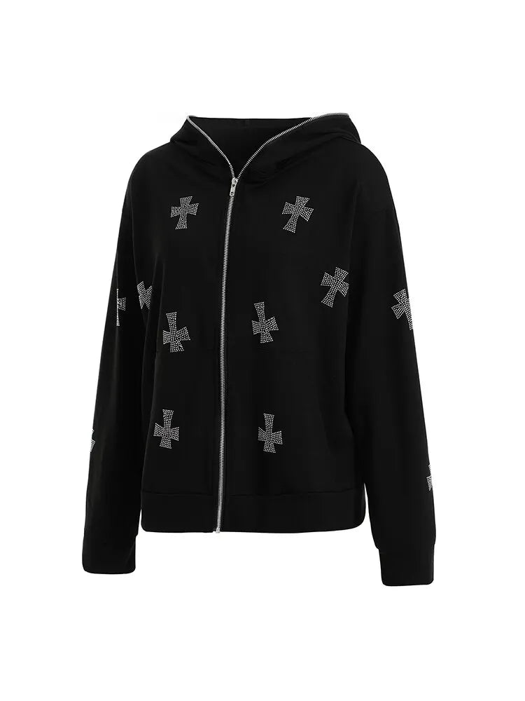 Women Full Zip Hoodies Long Sleeve Rhinestone Cross Pattern Loose Sweatshirts