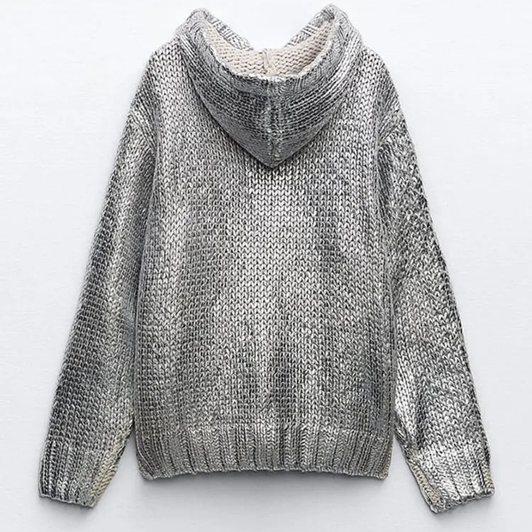 Women Chic Metallic Rib Trim Foil Hooded Sweater Casual Long Sleeve Drawstring Pullover Top Autumn Lady Elegant Sweatshirt