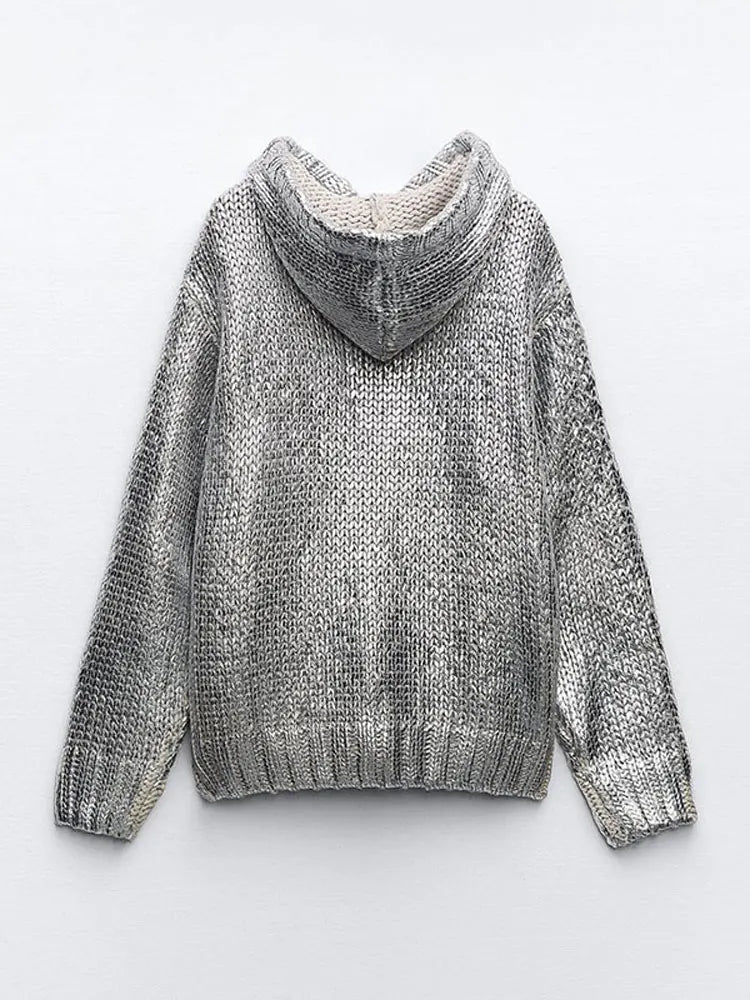 Women Chic Metallic Rib Trim Foil Hooded Sweater Casual Long Sleeve Drawstring Pullover Top Autumn Lady Elegant Sweatshirt