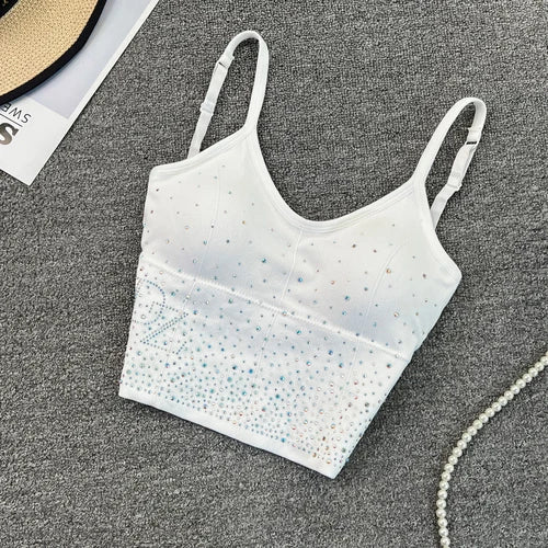 Women's Sexy Diamond Insert Camis Korean Fashion V Neck Letter Tank Tops Sleeveless Backless Off Shoulder With Chest Pad Corset White One Size