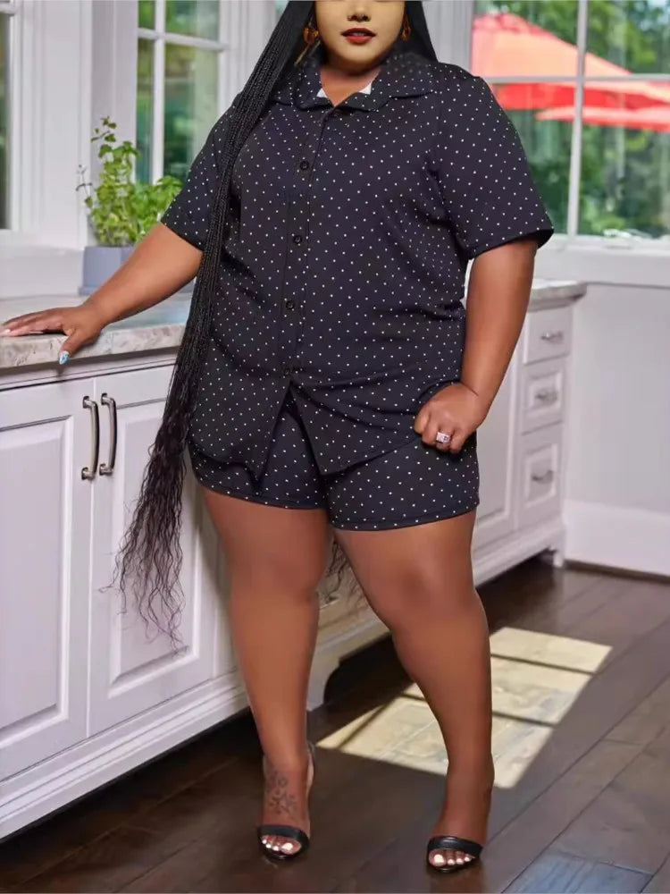 Plus Size Summer Polka Dot Print 2 Two Piece Set Women Casual Fashion Ladies Blouses High Waist Loose Woman Shorts