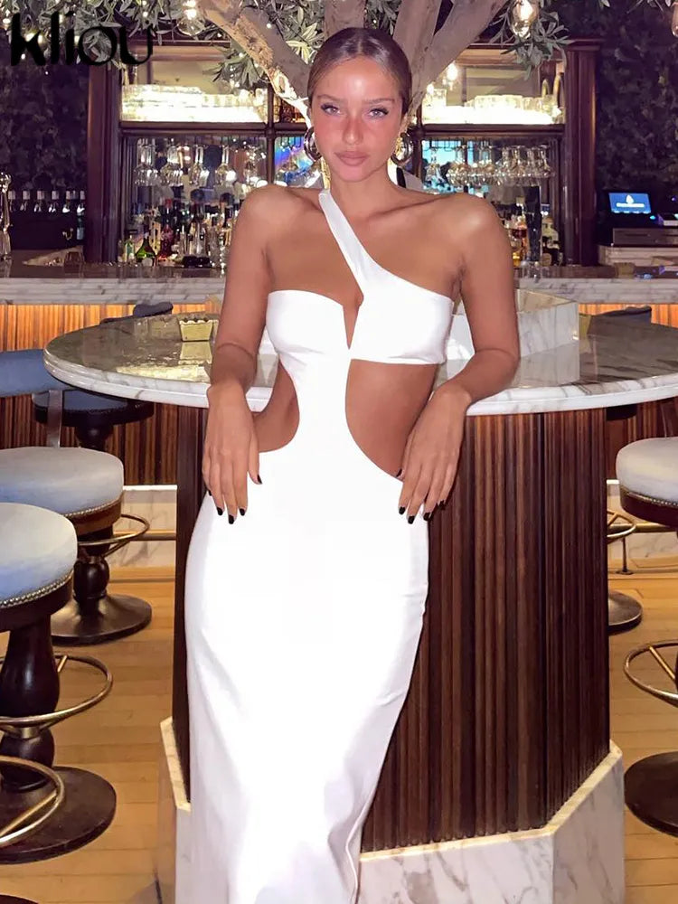 Kliou Off Shoulder Sexy Hollow Out Maxi Dress Women Concise Solid Sleeveless Body-shaping Vestido Female Evening Party Clothing