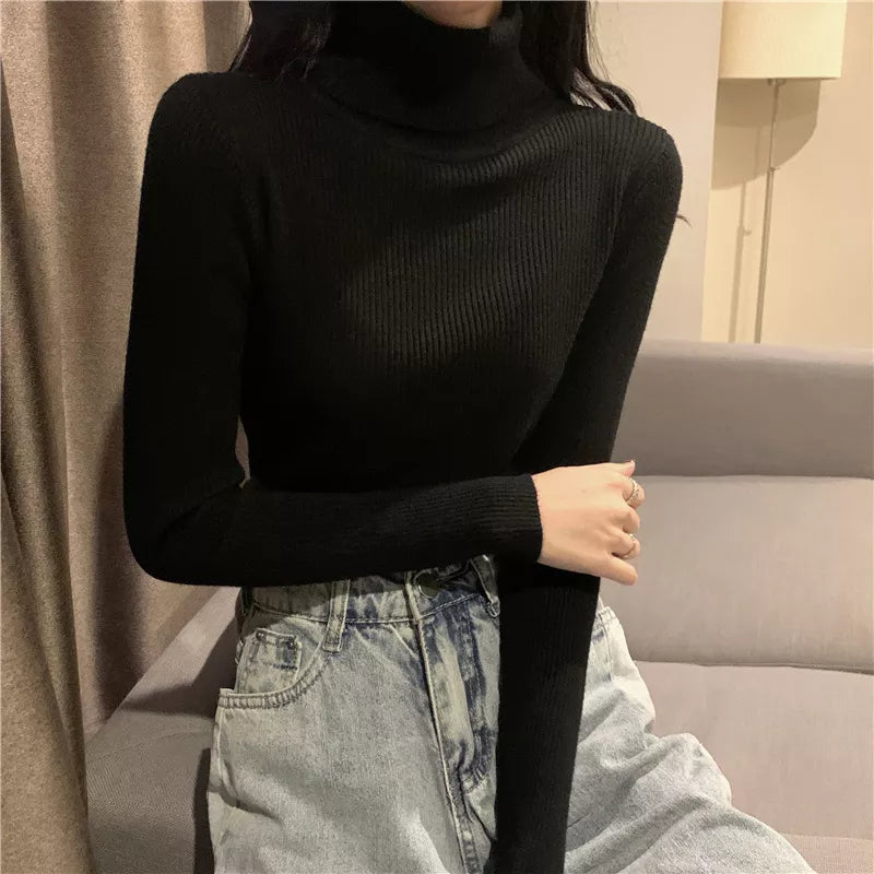 Winter Turtleneck Women's Sweater Knitted Pullover Soft Slim Long Sleeve Top Solid Color Basic High Neck Jumper Woman Clothing black-High neck One Size(40-65kg)