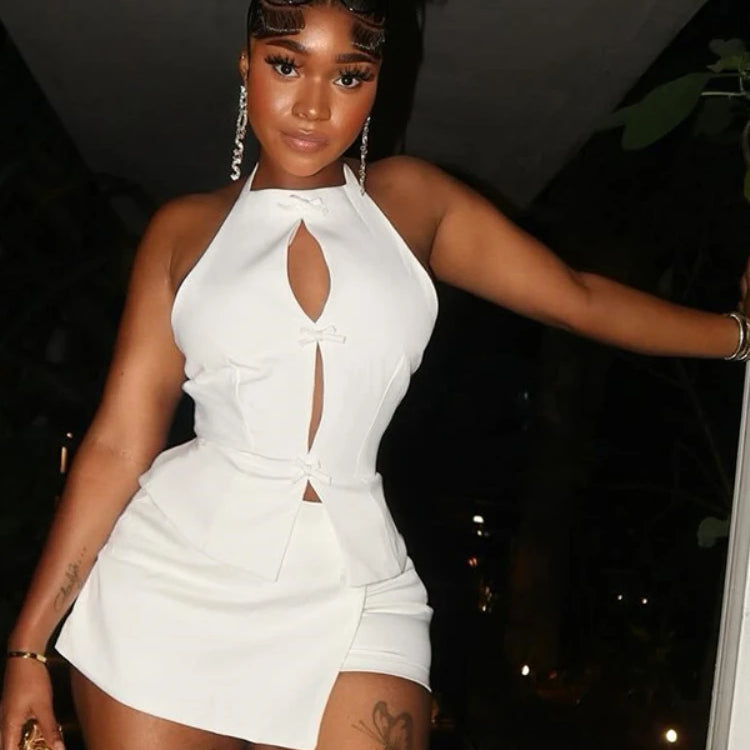 CM.YAYA 2025 Summer Women's Set Sleeveless Hollow Out Top+ Skirts Shorts Cute Street Two 2 Piece Sets Street Outfits Tracksuit