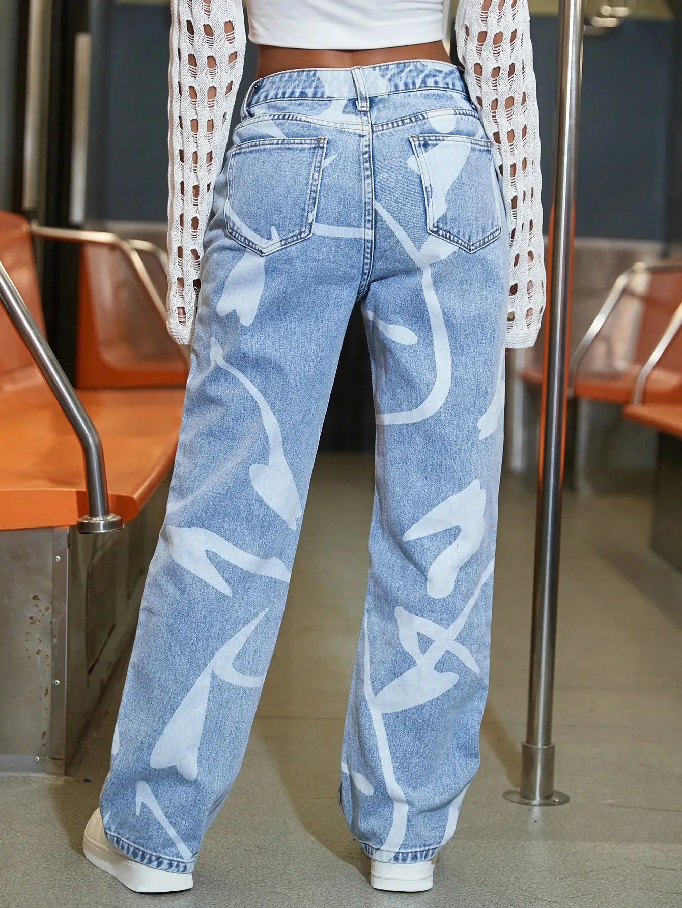 Women Fashion Street High Waist Slant Pocket Graphic Print Straight Leg Jeans Female Casual Denim Trouser