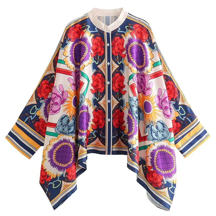 ZARATRAFnew summer women's silk texture printed trousers suit shirt bat shirt + positioning printed high waist trousers printed tops 3