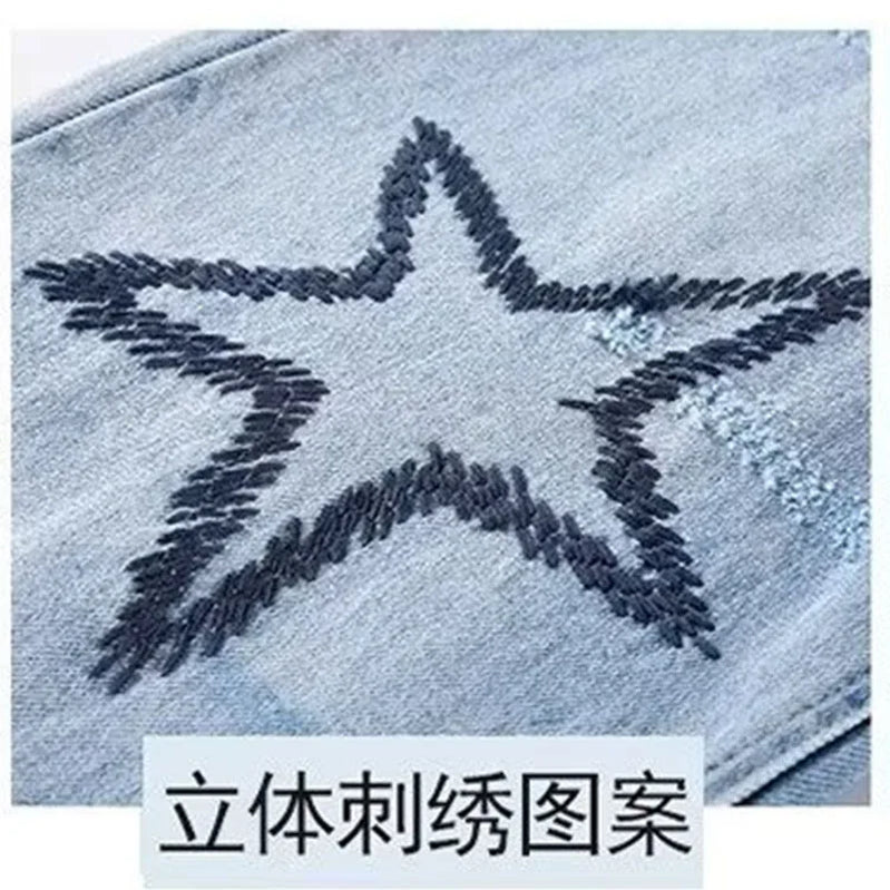 Y2K European and American women's light colored embroidered wide leg high waist straight leg loose mop jeans