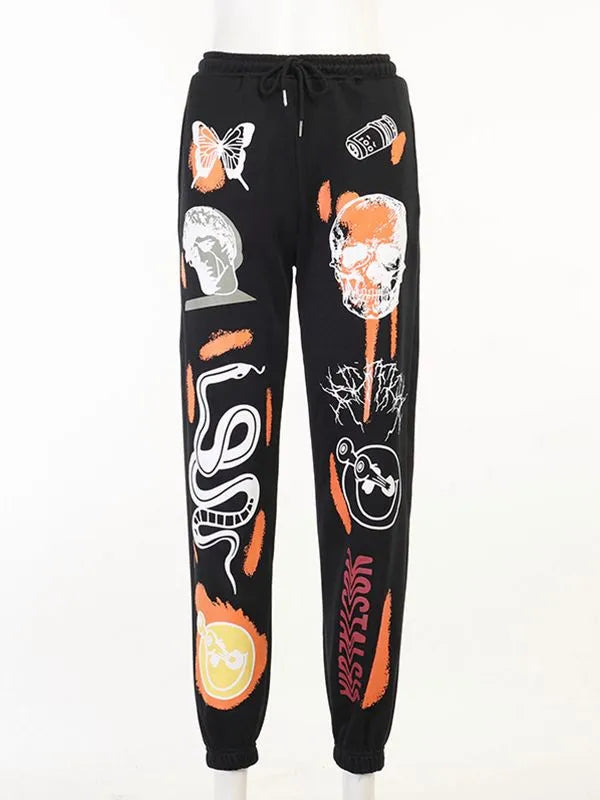 Women Sweatpants Joggers Y2K Harajuku Cartoon Skull Printed Streetwear Sweatpants Pants Casual High Waist Sweatpants 2022 Winter black