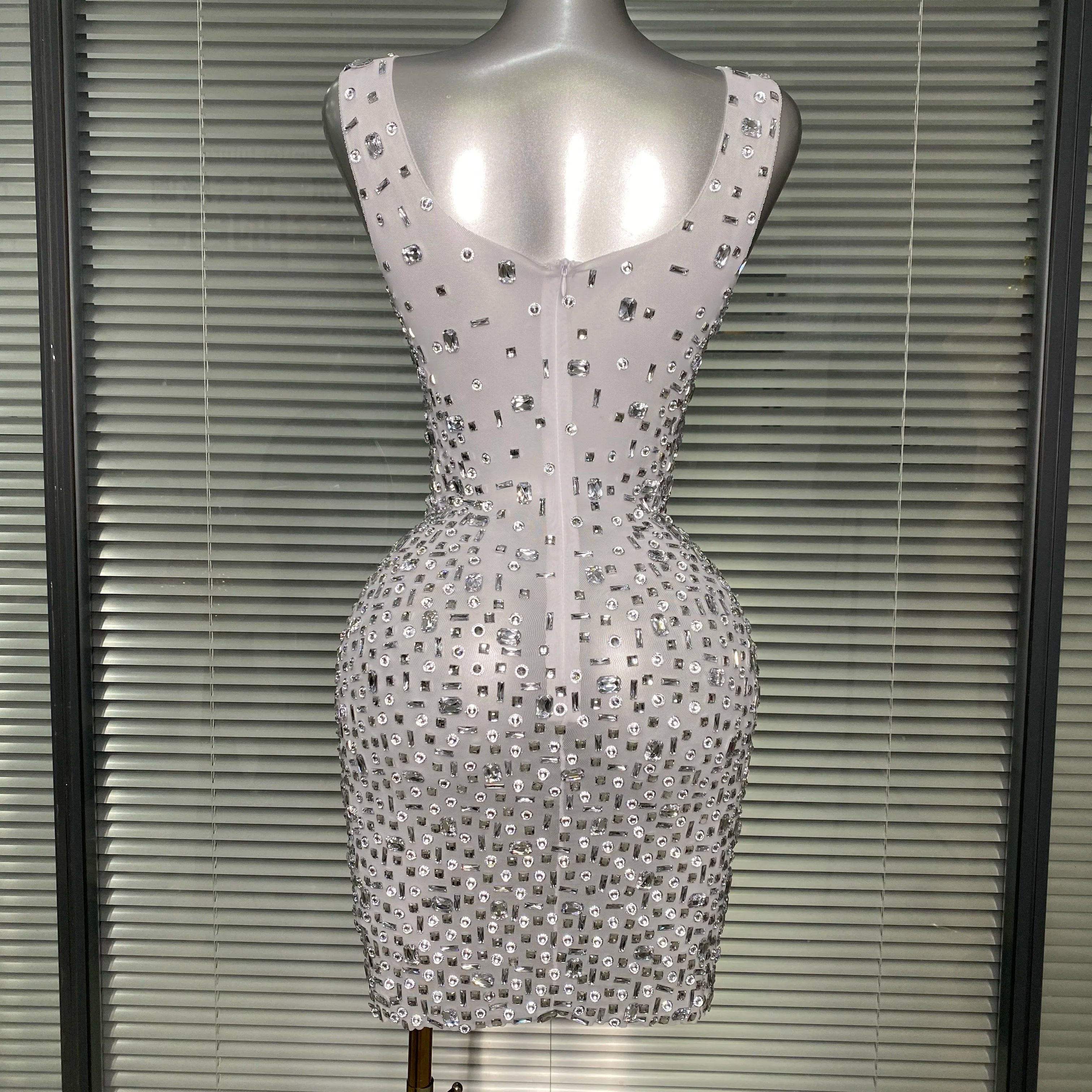 Women Sexy Sleeveless See Through Mesh White Costume Stage Dancer Singer Night Club Celebrity Mini Party Dress