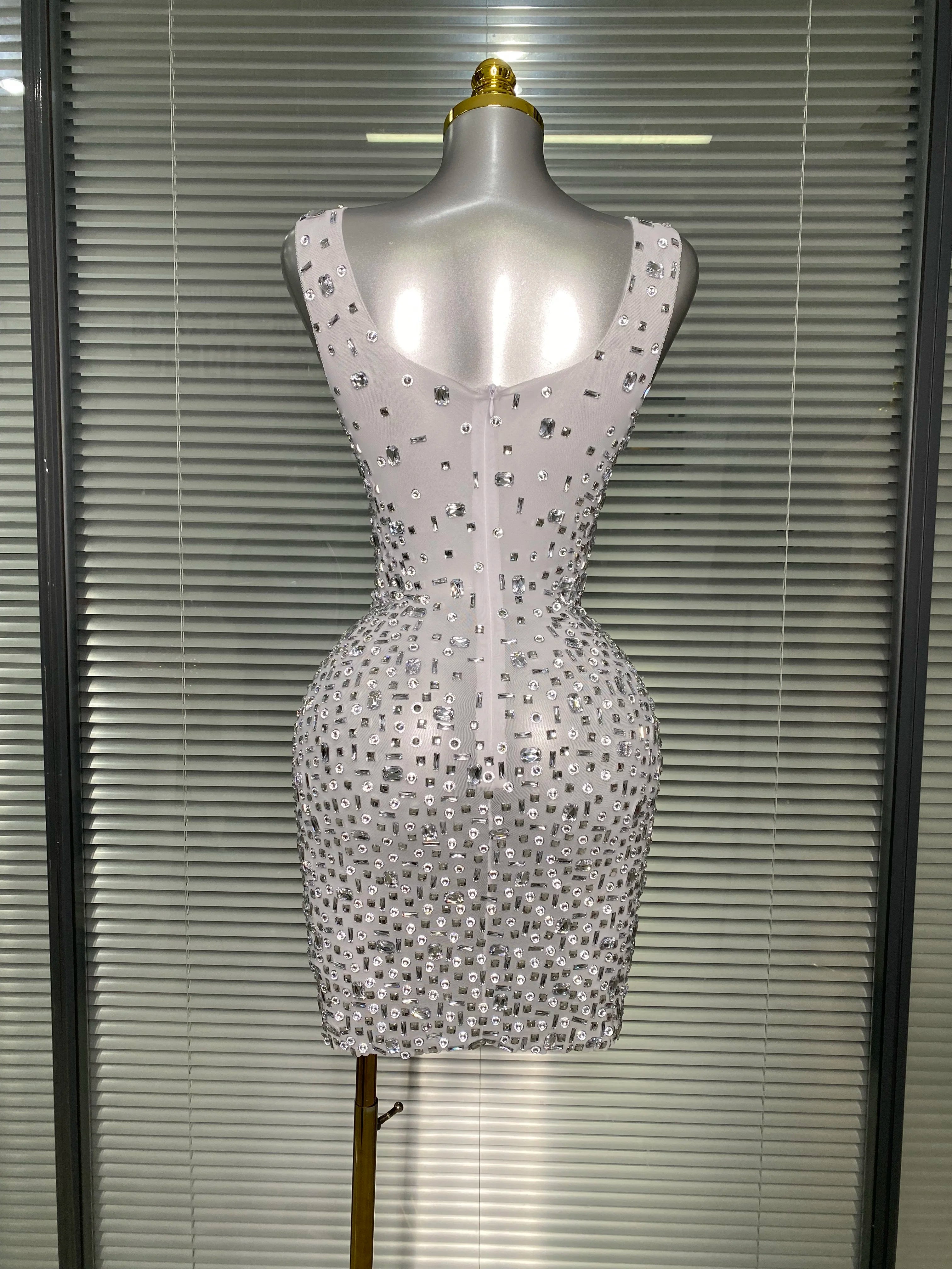 Women Sexy Sleeveless See Through Mesh White Costume Stage Dancer Singer Night Club Celebrity Mini Party Dress