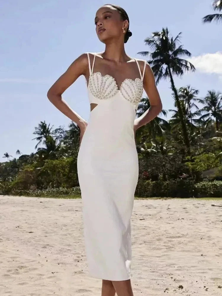 New Summer Women Sexy V Neck Beading White Black Bodycon Midi Bandage Prom Dress Elegant Evening Cocktail Party Dresses WHITE